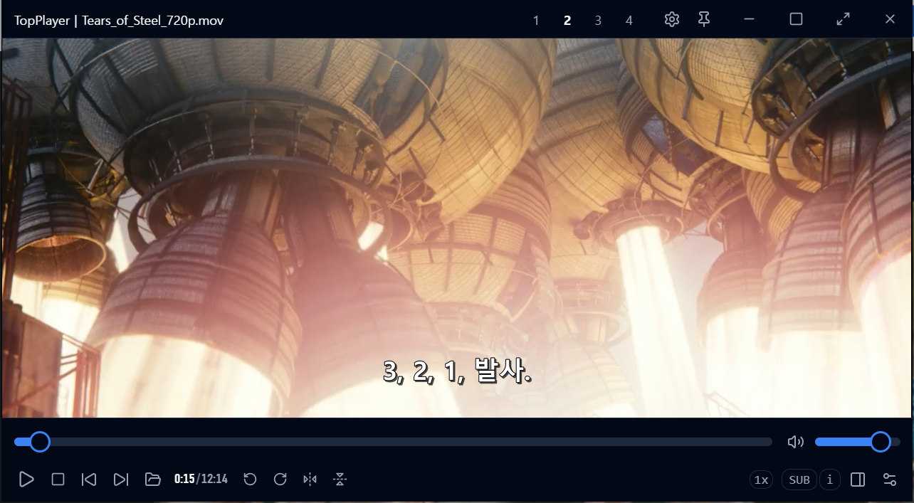 TopPlayer 실제 화면 — 이중 자막(영어+한국어) 재생 중